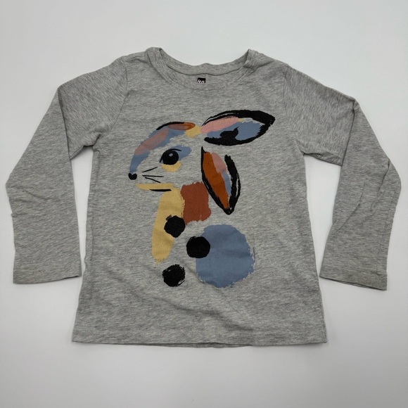 Tea Collection Kids Artsy Colorful Rabbit Long Sleeve Shirt 5 Grey, Blue, Pink - Picture 1 of 10